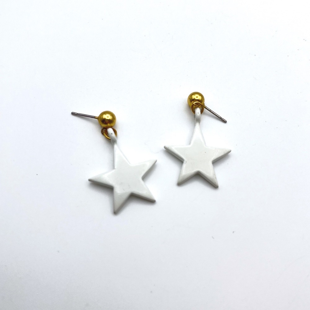 White Enamel Star Drop Earrings Gold Ball Stud Celestial Dangle Minimalist‎ Post